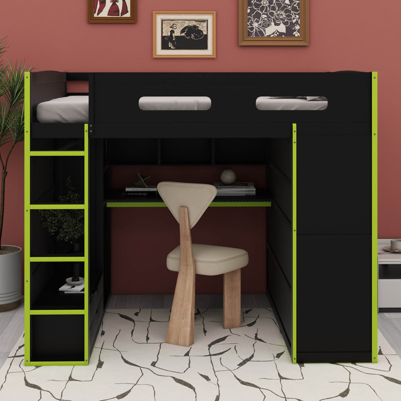 Lit mezzanine avec grand espace de rangement et tiroirs Gaming, Vert