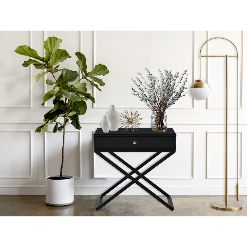 Table de chevet en bois avec table de bout avec plateau en verre, tiroir et base en métal