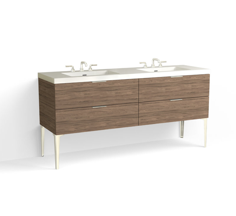 Avila 72" W Freestanding Double Bathroom Vanity with Dean Leg, Polished Nickel,  Gloss White/8" Widespread, Nocino