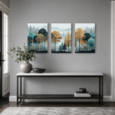 Forêt, réflexion, art sur toile tendue, impression sur toile, ensemble de 3, pour salon, chambre à coucher, décoration intérieure