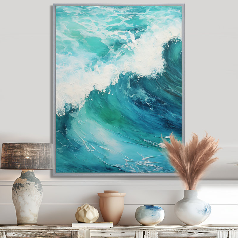 Décoration murale vague sarcelle océanique Expression I - Vagues côtières, 32" H x 16" W, Cadre argenté flottant
