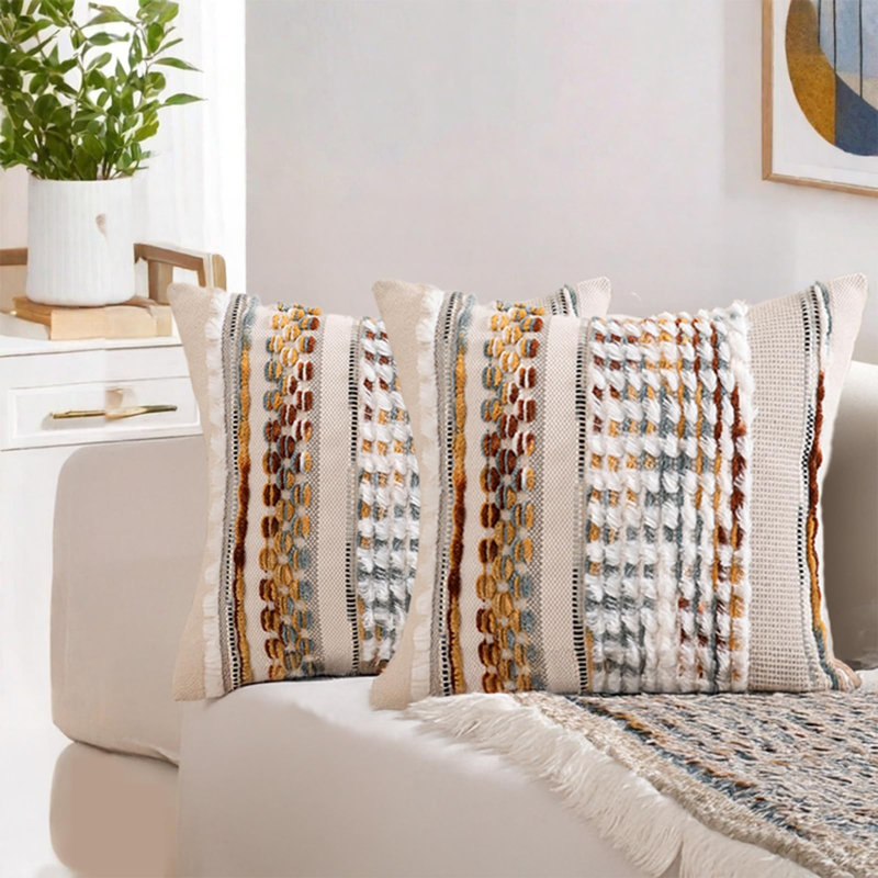 Housses de coussin Boho 18 x 18 pouces, ensemble de 2 taies d'oreiller décoratives en tissu rayé chic et blanc en chenille de style campagnard pour art déco