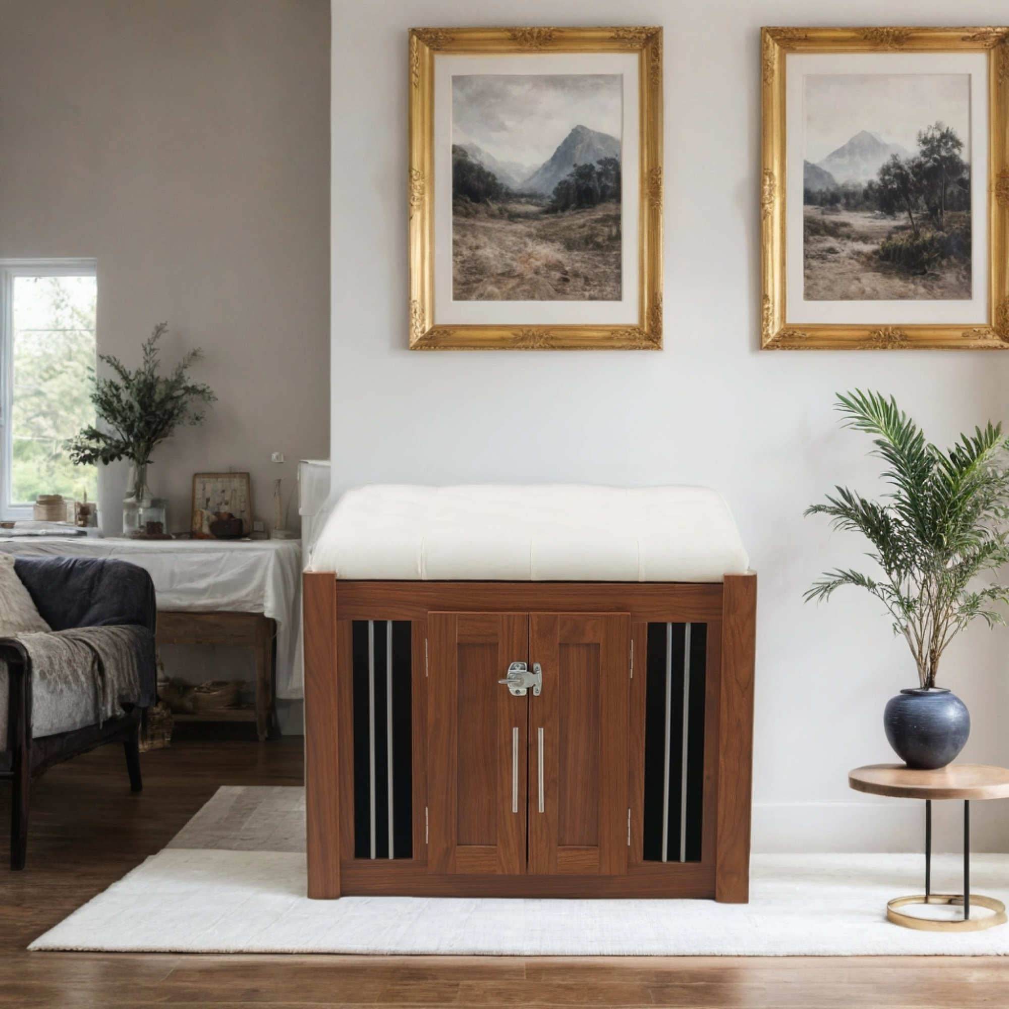 Corrigan Studio Luxury Dog Crate With Sliding Barn Door Walnut Mid ... - Luxury Pet Crate Console Table With Storage