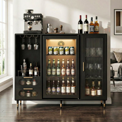 Large Coffee Bar Cabinet with Fridge Space, Modern Luxury Coffee Bar Cabinet with Gold Accents, Wine Glass Rack & Glass Doors, 47.2-Inch Wide Multipurpose Display Storage Cabinet for Home, Black