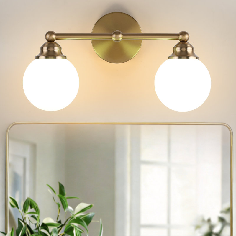 Modern Gold 2-Light Vanity Light Over Mirror, Mid Century Wall Sconce with Milky White Frosted Glass Shade for Toilet Bedroom