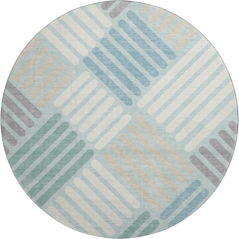 Premium Machine Washable Mayfield AMF2339 Geometric Rug, Seafoam, 8' Round
