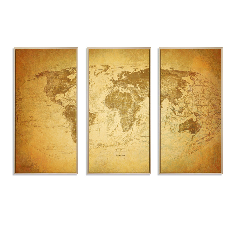 Carte rétro vintage - ensemble de 3 reproductions d'art sur toile encadrées, H 28 po x l 36 po x P 1 po, Cadre brun