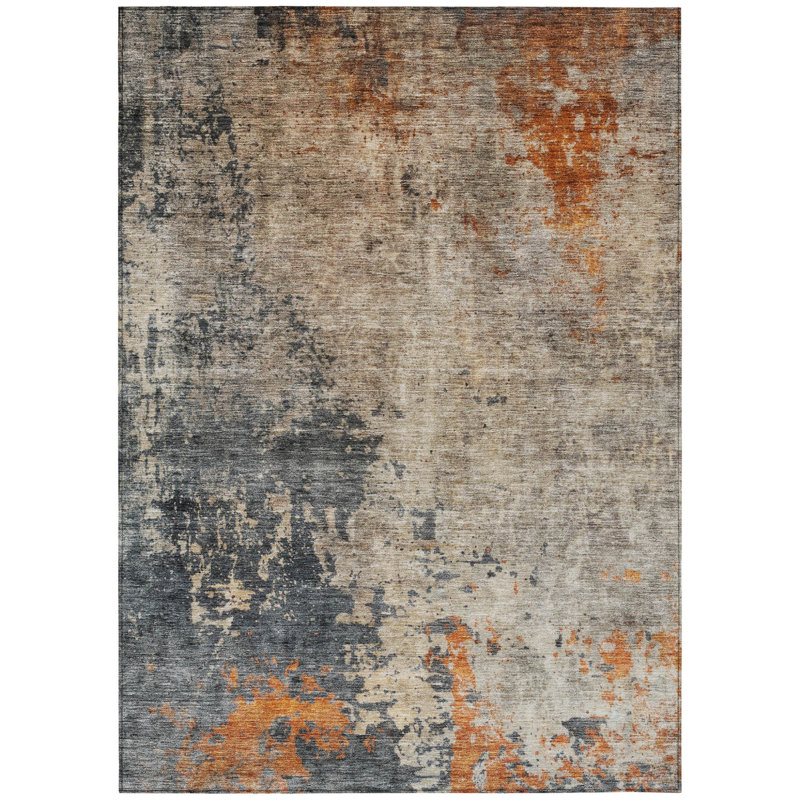 Tapis extérieur lavable abstrait gris kaki et cuivre 5 pi x 8 pi