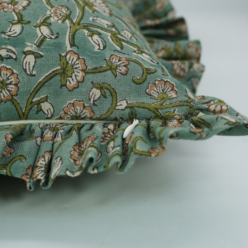 Fabividine Block Pattern Pure Linen Ruffle Pattern Cushion Cover (Himachal, Green), H 22 po x l 22 po, Carré