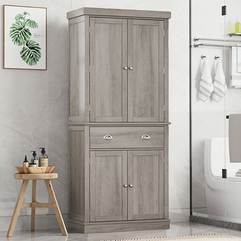 Annibelle 72.4"H Freestanding 4 Doors Bathroom Cabinet, Wood Storage Cabinet With 1 Drawer & 5 Shelves, Gray