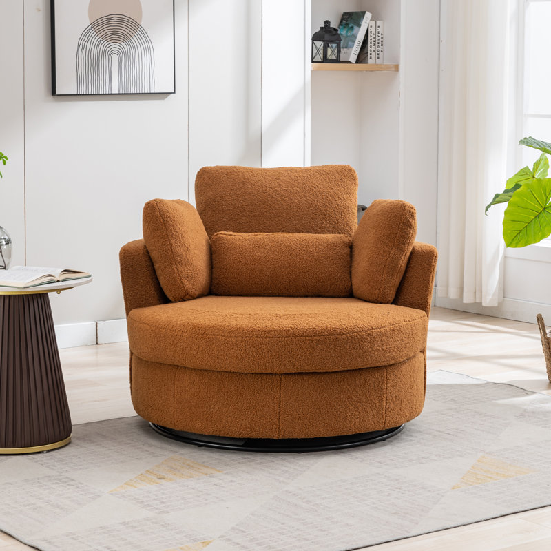 Achorn 42" W Recessed Arm Slipcovered Swivel Barrel Chair, Caramel Teddy