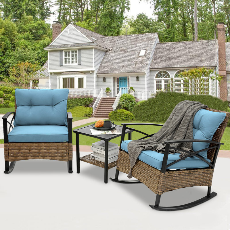 Barbary 3-Piece Brown Rattan Patio Rocking Bistro Set with Blue Cushions