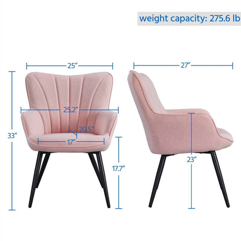 Bakhyt 25" Wide Upholstered Curved Back Armchair, Pink Linen, Black
