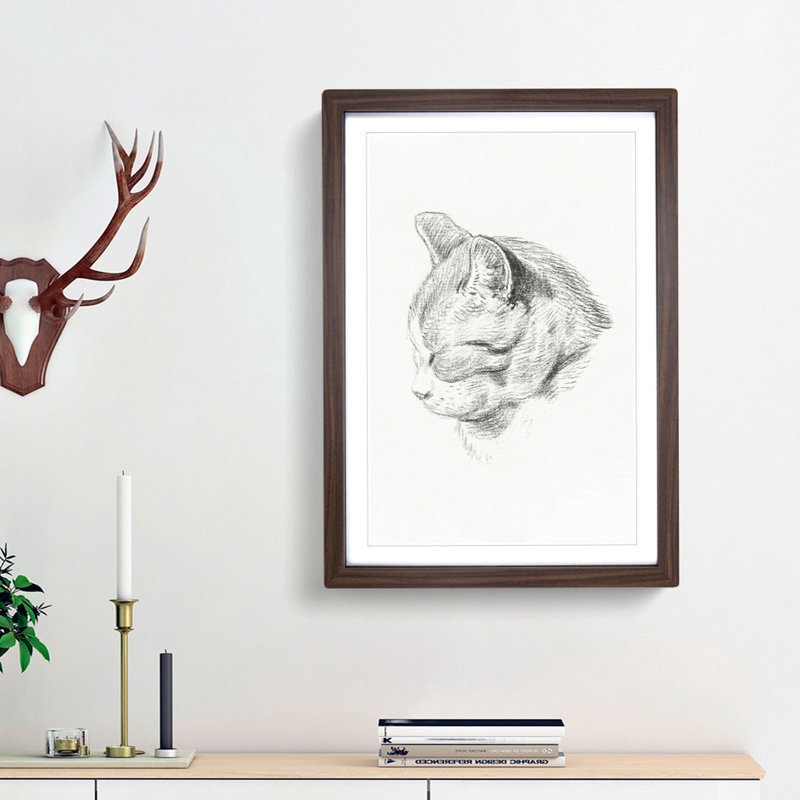 Sketch of a Cat by Jean Bernard - Picture Frame Drawing Print, 48cm H x 36cm W x 2cm D, Walnut Framed