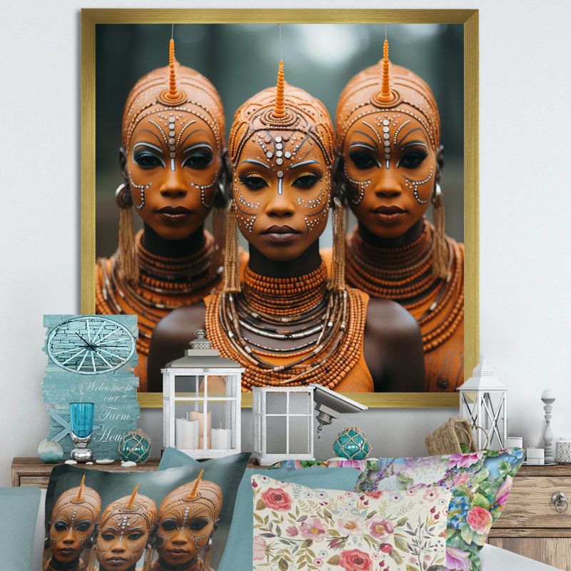 «African Women Tribal Essence» - Art mural tribal africain, Cadre photo noir, H 36 po x l 36 po x P 1,5 po