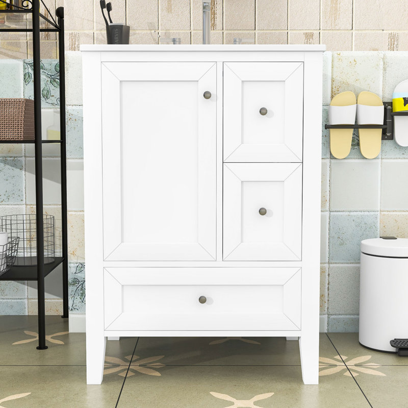 Meuble-lavabo 24 po avec comptoir en céramique, 3 tiroirs et porte-outils de rangement, Blanc