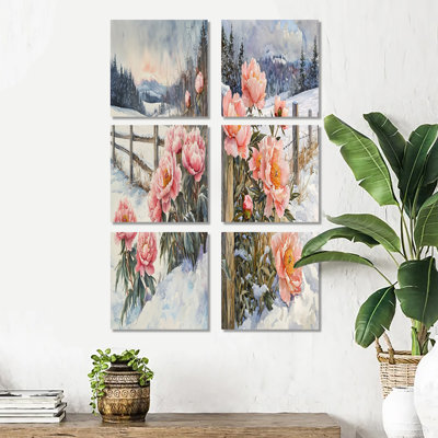 Winter Peonies In The Snowy Pasture - Floral Canvas Prints Set Of 6