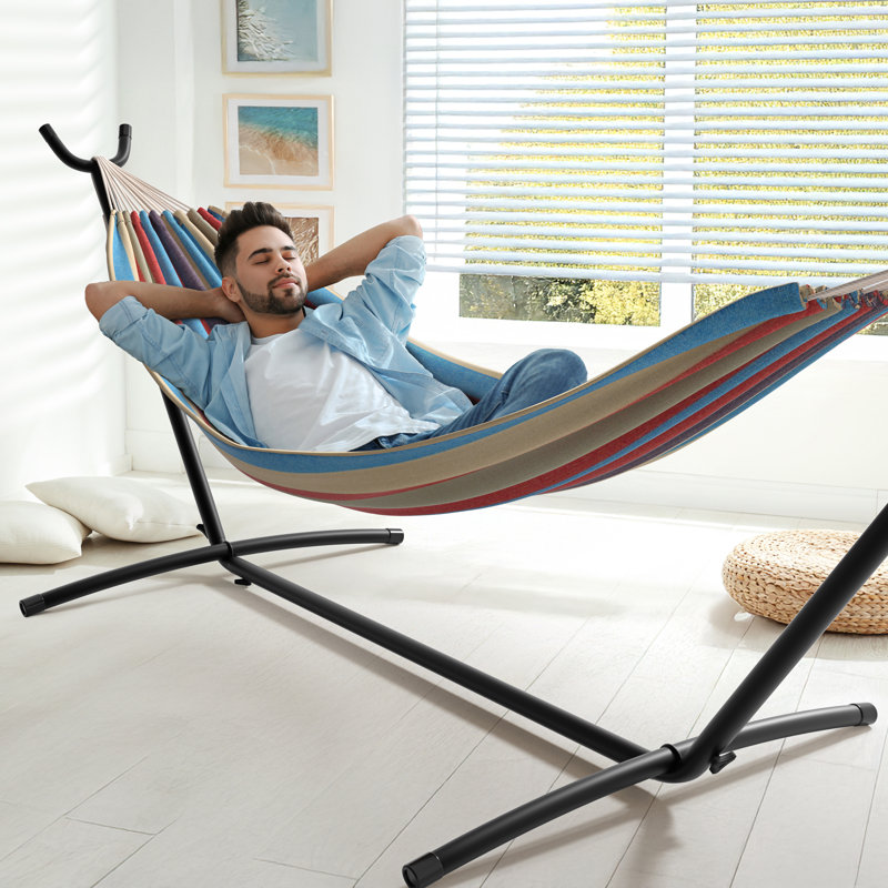 Double Adjustable Cotton Hammock with Stand, Blue/Red