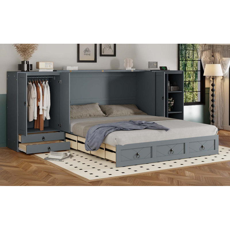Lit escamotable avec port USB, petites armoires et tiroirs, Gris