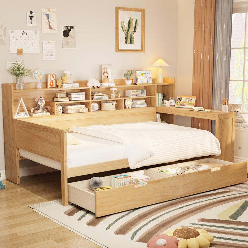 Lit de jour simple en bois avec options de rangement et bureau Space, Naturel