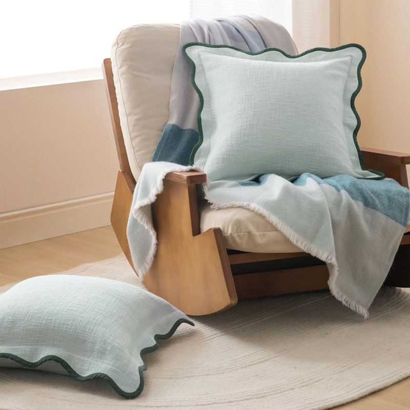 Double Stitch Cotton Decorative Scalloped Throw Pillow Covers,Square Cushion Case for Living Room Couch, Aqua Mint