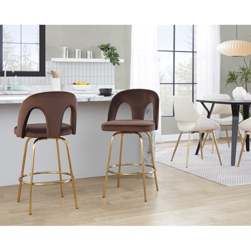 Tabouret de comptoir Ava, Velours espresso, Doré