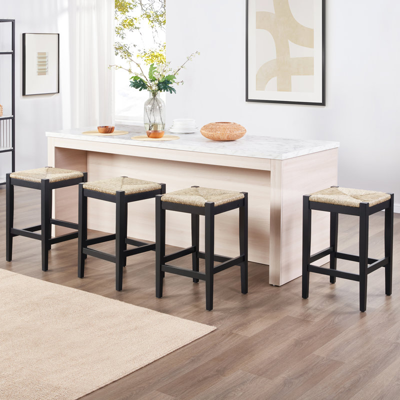 Tabouret de bar de style ferme en bois massif avec siège en corde tissé à la main, Noir, 4