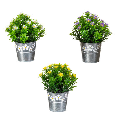8in. Artificial Daisy Plant in Decorative Daisy Tin Planter - Set of 3