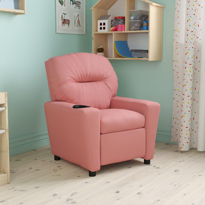Contemporary Kids Recliner with Cup Holder, Vinyl - Pink