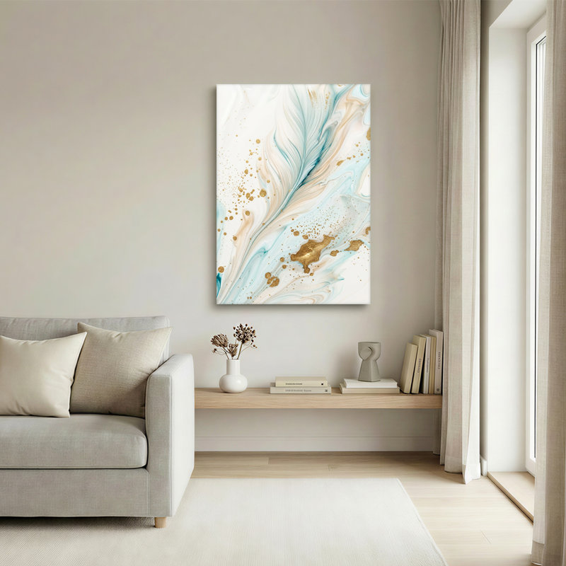 Art mural sur toile blanc et bleu beige avec éclaboussures dorées, H 24 po x l 16 po