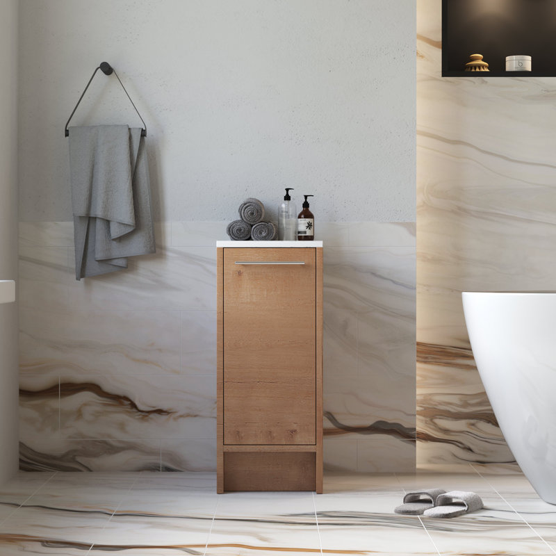 Armoire de rangement latérale autoportante de 12 po avec plateau en pierre frittée Grove, porte à fermeture en douceur et 1 tablette réglable, armoire de rangement sur pied en chêne naturel Grove