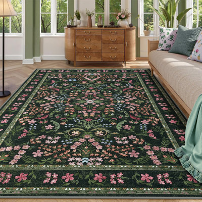 Washable Area Rug, Boho Floral Soft Rugs for Living Room, Non Slip Low Pile Carpet for Bedroom, Dining Room, Nursery, Hallway, Green