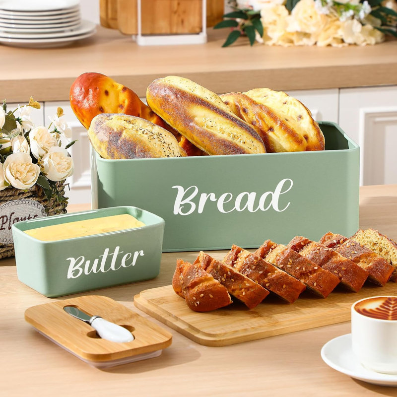 Metal Bread Box Butter Dish with Bamboo Cutting Board