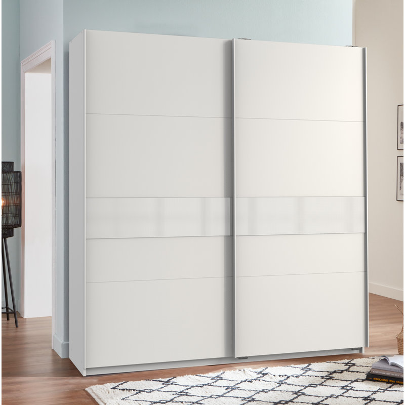 Chaska 2 Door Wardrobe, 198cm H x 180cm W x 64cm D, White/Glass White, Premium