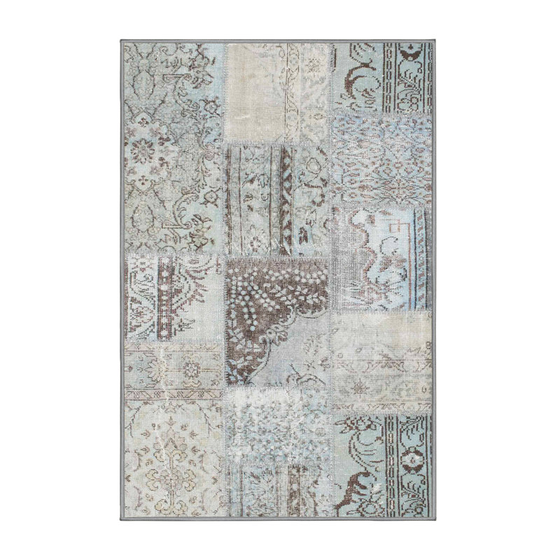 Tapis gris/bleu zone contemporaine, Rectangle 7 pi x 10 pi