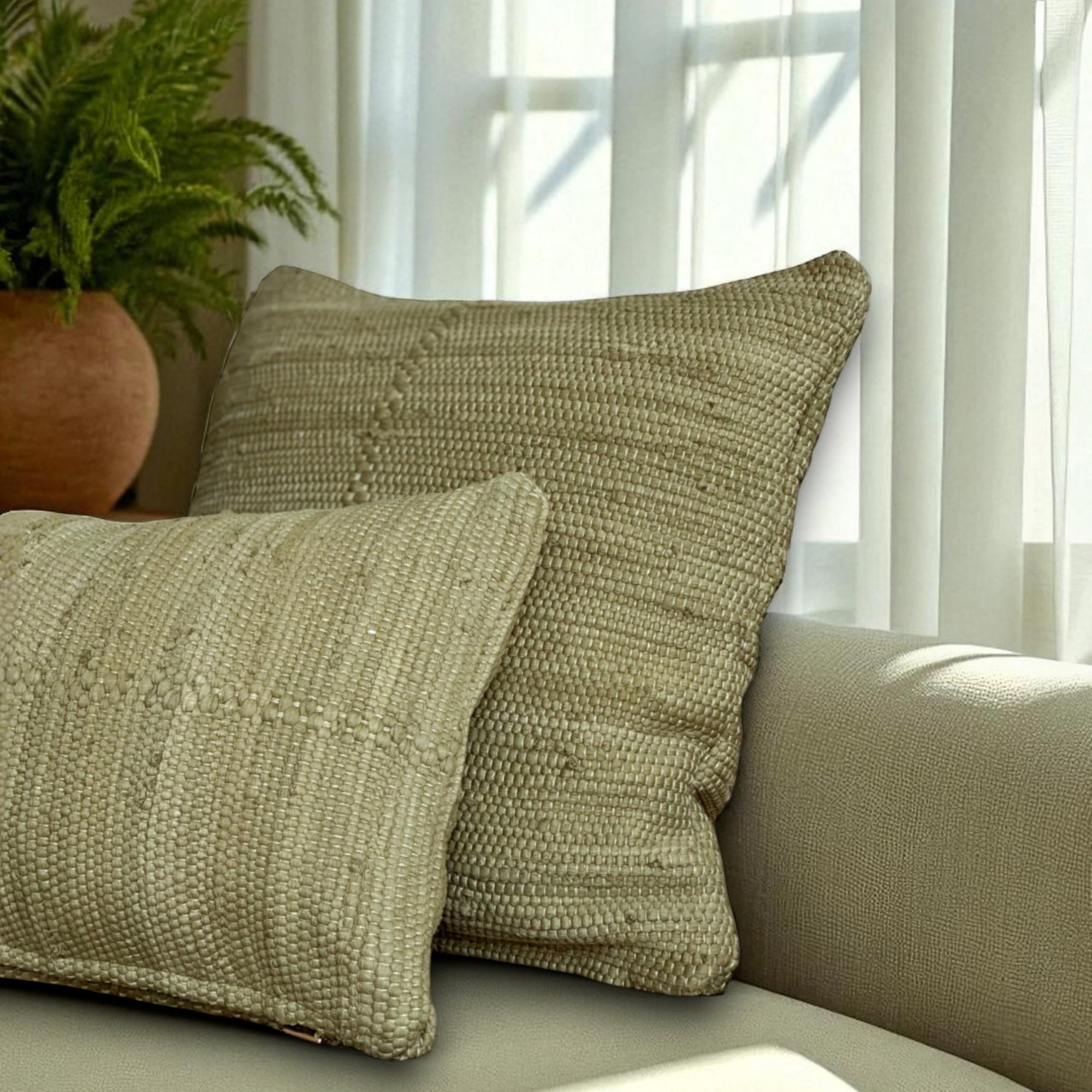 PILLOWPIA 100% Cotton Chindi Lumbar Pillow Cover with Brass Zipper | Handwoven Accent, Moss, Rectangular 14"H x 24"W