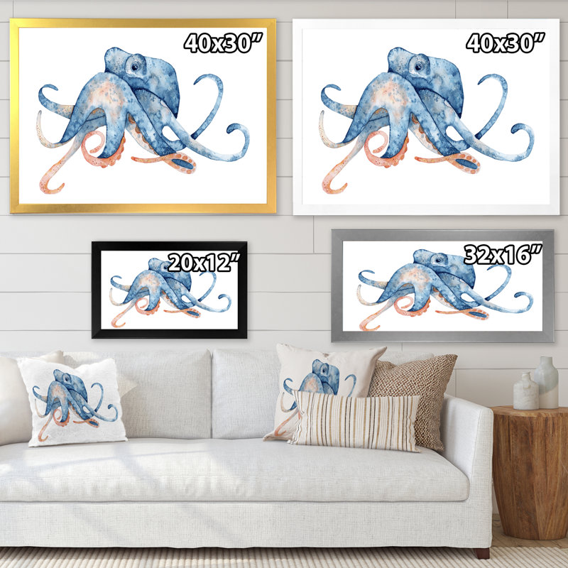 Pieuvre bleue sur blanc - reproduction sur toile, H 16 po x l 32 po x P 1 po, Cadre photo argenté
