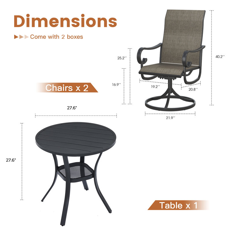 Ensemble de salle à manger de patio 3 pièces avec 2 chaises pivotantes en textilène et une table de salle à manger de 28 po