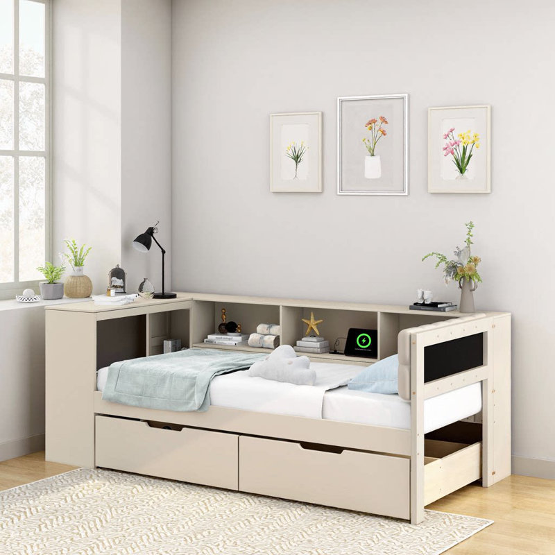 Lit plateforme simple Elegant Cream avec tablettes de rangement, tiroirs et station de charge - tête de lit tapissier incluse