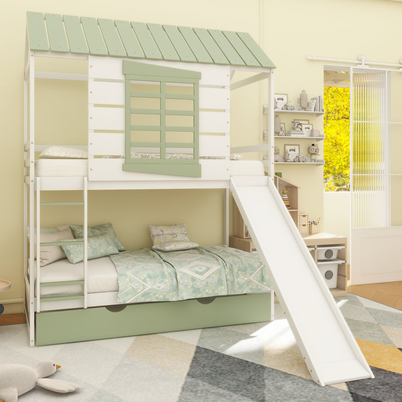 Lit superposé simple au-dessus de simple avec glissière convertible et lit gigogne, blanc et vert
