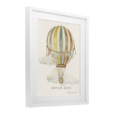 Adventure Awaits Soft Balloon Framed Print Under Glass, design by Audrey Jeanne Roberts