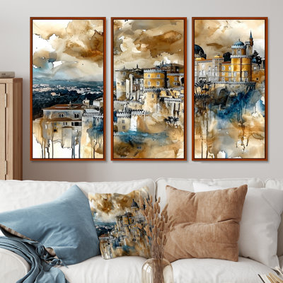 Watercolor Pena Palace In Portugal I - Portugal Wall Art Decor - 3 Pieces