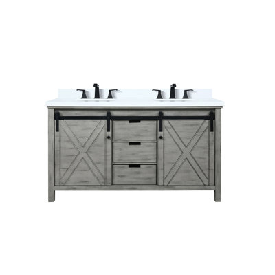 Meuble-lavabo gris cendré l 60 po avec comptoir en marbre de culture et robinet - teinture grattée, grande salle de bain double 60 po. Comptoir, robinet, armoires à fermeture douce pour un rangement efficace