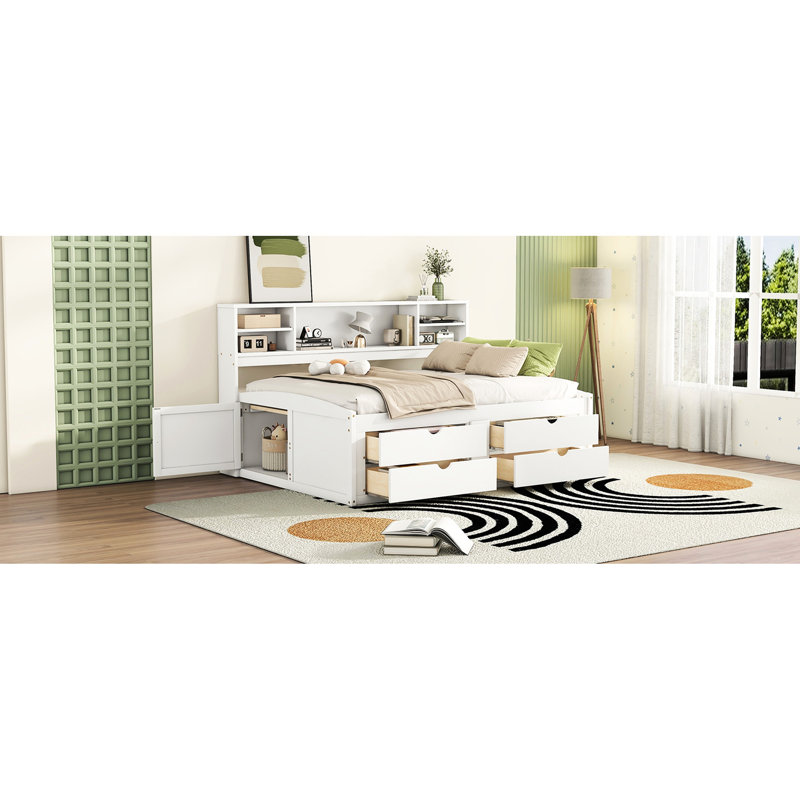 Lit de jour double blanc avec 2 tablettes de chevet, 4 tiroirs et support supérieur, White