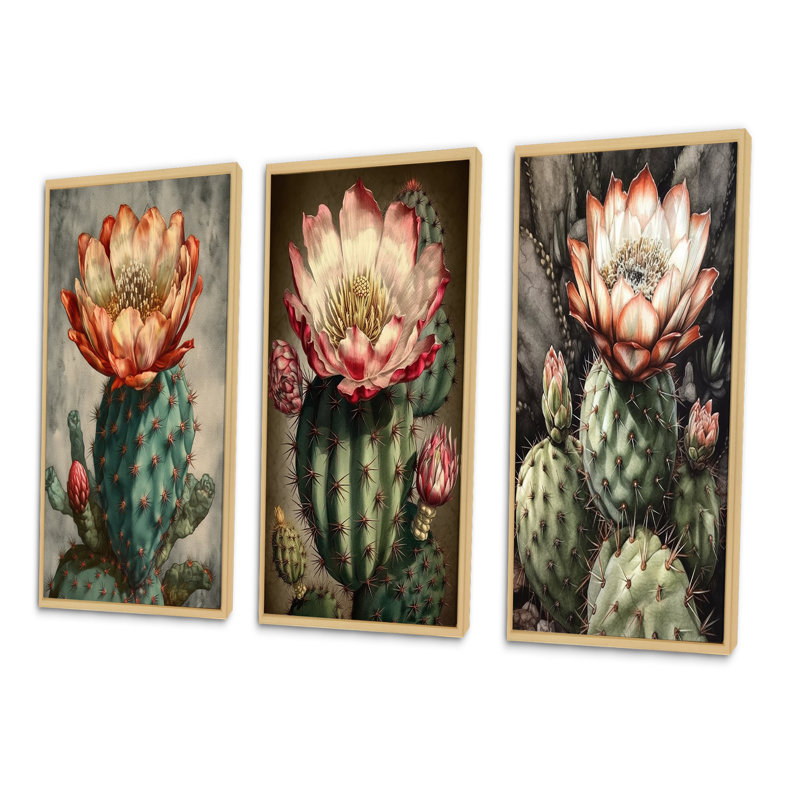 Ensemble de 3 fleurs de cactus en fleurs, H 32 po x l 48 po, Cadre naturel flottant