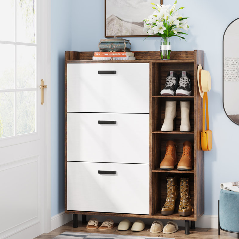 Freestanding 22 Pair Shoe Storage Cabinet, White/Brown