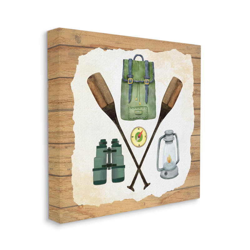Adventure Camping Equipment Kids Canvas Wall Art in Light Brown Frame