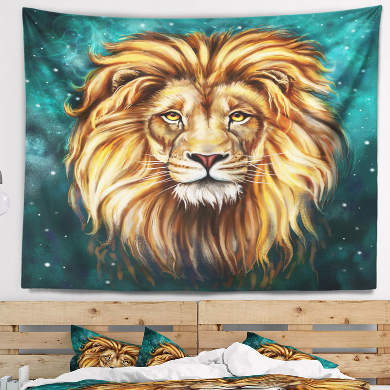 Tête de lion en tapisserie bleue Animal, H 50 po x l 60 po