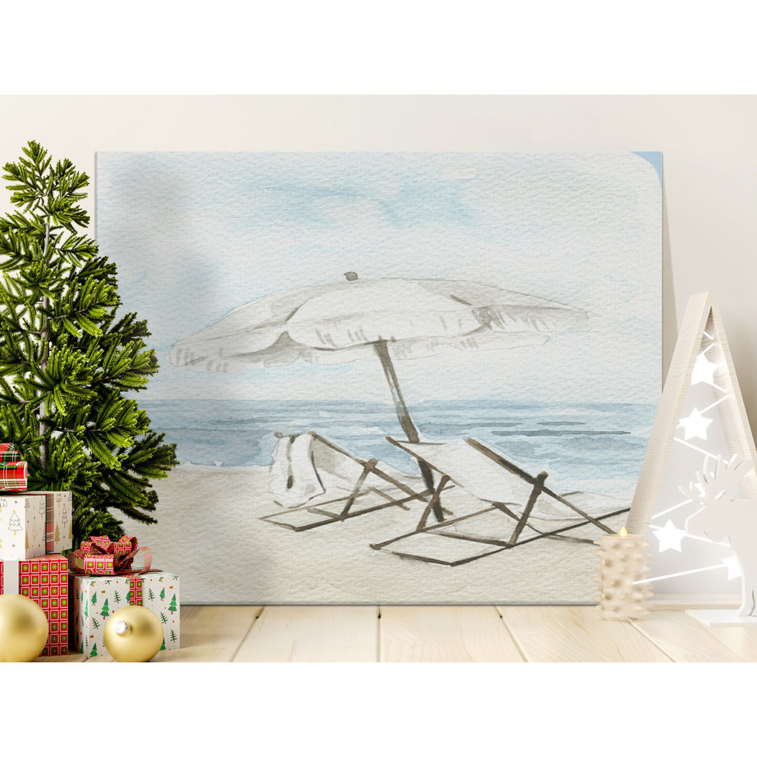 Beach Scene Canvas Wall Art, Watercolor Beach Chairs, Beach Umbrella, Gallery Wrapped, Modern Decor, Ready to Hang, Archival Quality, Beach