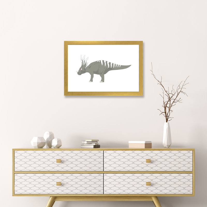 " Styracosaurus Pencil Drawing With Digital Color " by Alice Turner, Gold Framed Paper, 16" H x 24" W  1" D, White